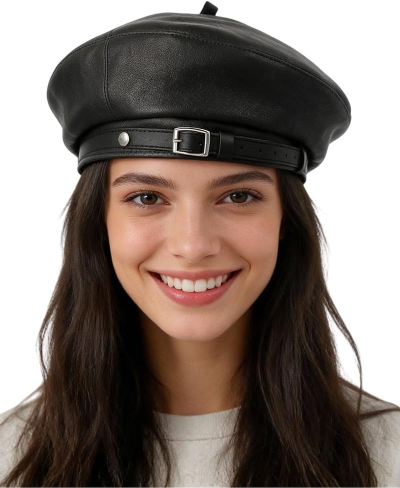 MINGSEECESS Women PU Leather French Black Beret Hat Causal Beanie Hat - Image 1
